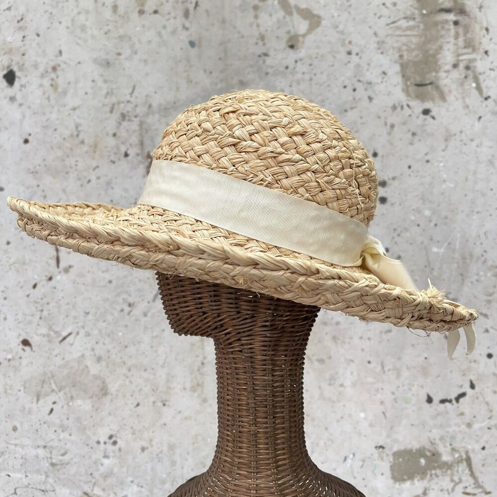 Vintage Style Raffia Wide Brim Sun Hat w/ Ribbon Bow San Francisco Hat Company